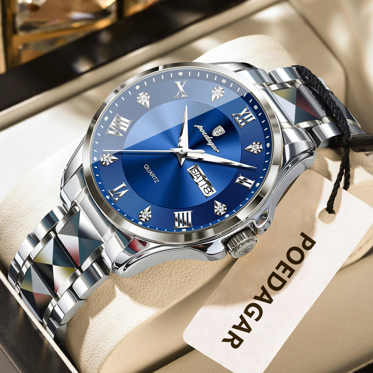 POEDAGAR herenhorloge, origineel luxemodel, waterdicht, verlicht, met datum- en dagweergave, elegante stijl, roestvrijstalen kast, quartz uurwerk, ideaal voor op het werk.
