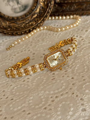 1 new gold luxury ladies waterproof quartz watch rectangular dial with double-row pearl bracelet simple niche ladies watch