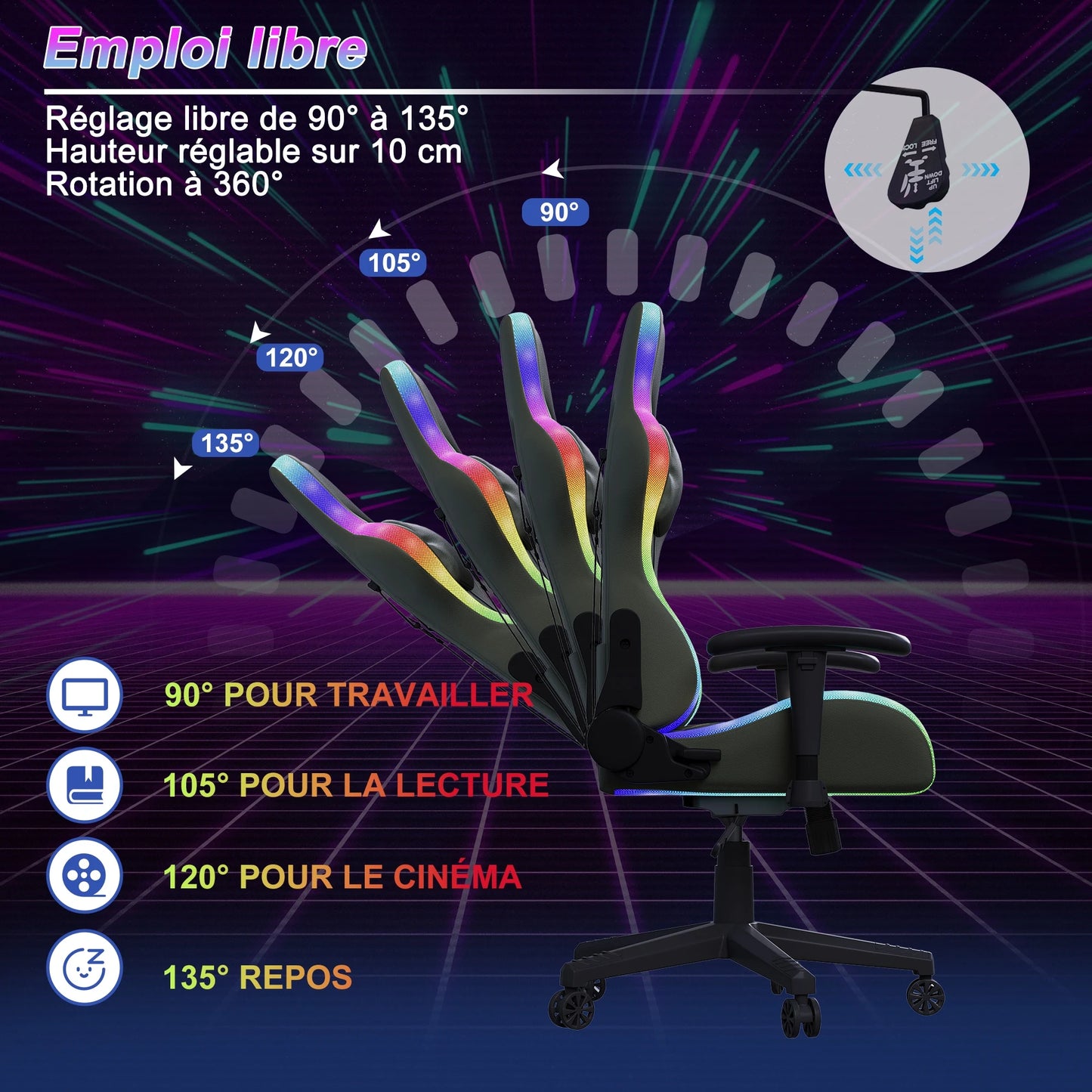 Ergonomic Gaming Chair with LED RGB Lights, Adjustable Gamer Chair with Lumbar Massage Support, Reclining Computer Chair for Teens & Adults