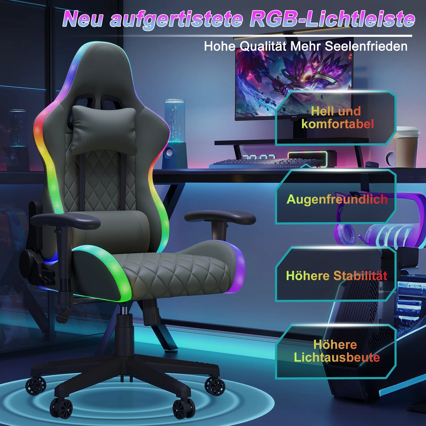 Gaming Chair,Ergonomic Gaming Chair with LED,Adjustable Computer Chair for Teenagers,Lumbar Cushion,Gamer Chair,Black