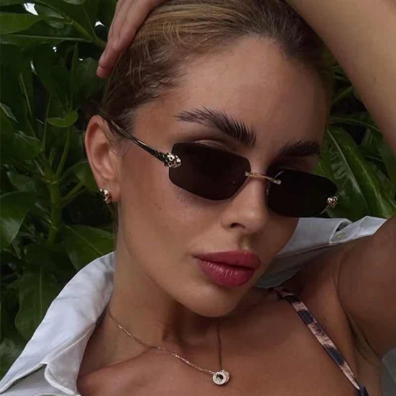 Popular Brand Brown Square Women Sunglasses Fashion Luxury Rimless Rectangle Sun Glasses Female Shades UV400 Vintage Eyewear