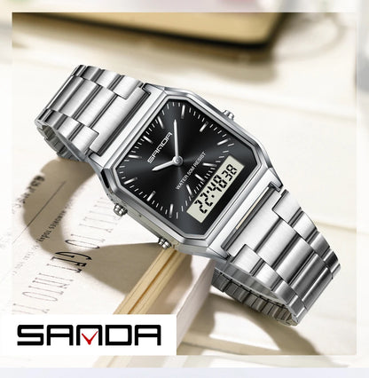 SANDA 747 Men’s & Women’s Luxury Digital Sports Watch  Stainless Steel, LED Dual Display & Waterproof