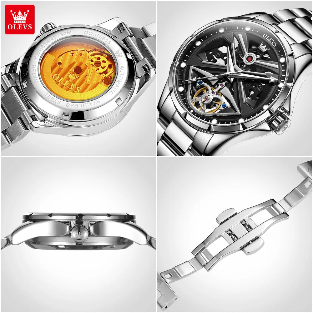 OLEVS 6655 Herrenuhr, vollautomatisches Skelettmodell; mechanische Luxusuhr, leuchtend und wasserdicht.