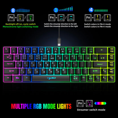 Tragbare HXSJ V200 68-Tasten-Gaming-Tastatur mit koreanischem Layout, 65%, kabelgebundene Office-Membrantastatur mit RGB-Hintergrundbeleuchtung für Desktop-PCs und Laptops