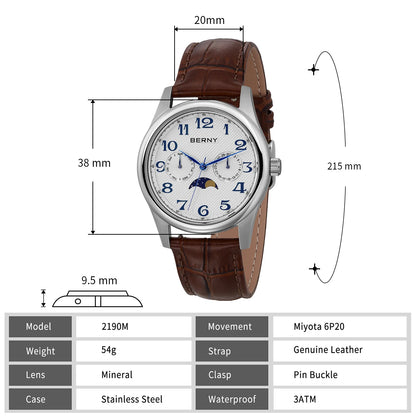 BERNY Watches for Men Moon Phase Quartz Men's Watch Day and Date Calendar Easy Read Vintage-Style Business Dress Wristwatch