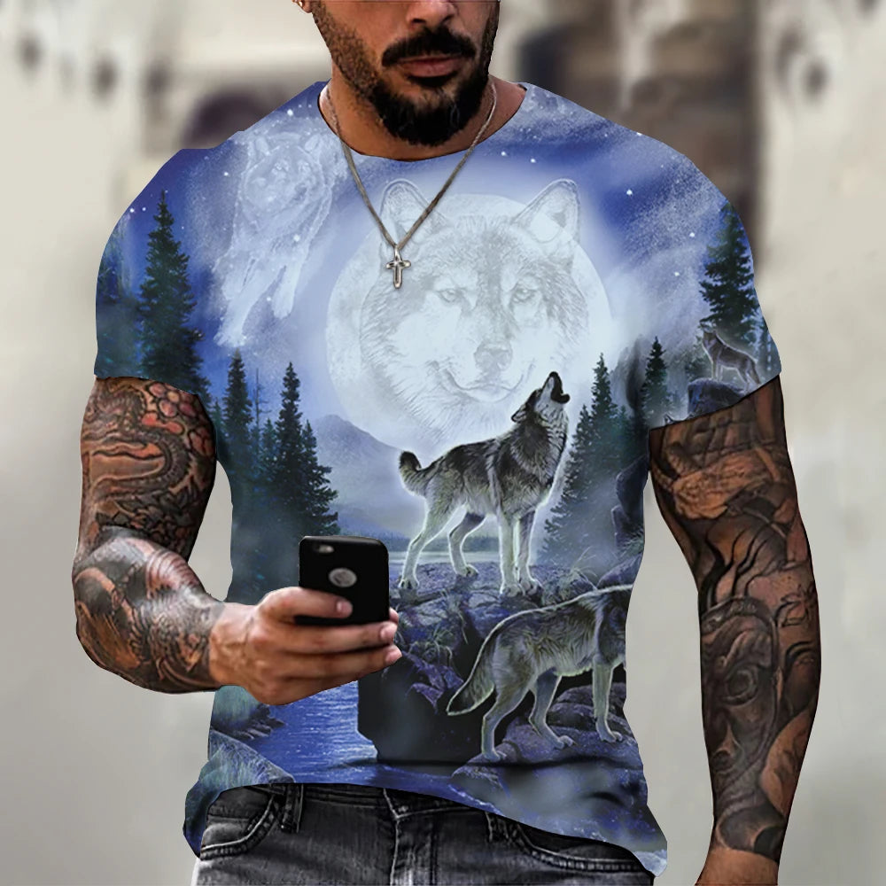European and American men's new fashionable summer wolf roar print comfortable and breathable round neck T-shirt outdoor top