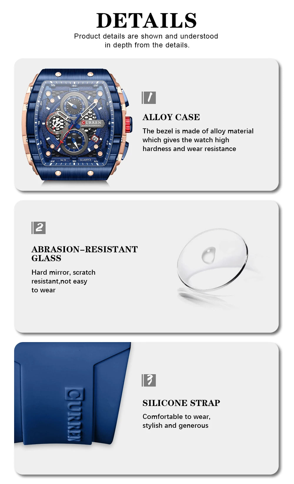 CURREN Tonneau Dial Sport Watch for Men Fashion Waterproof Quartz Wristwatch with Auto Date Yellow Silicone Strap Luminous