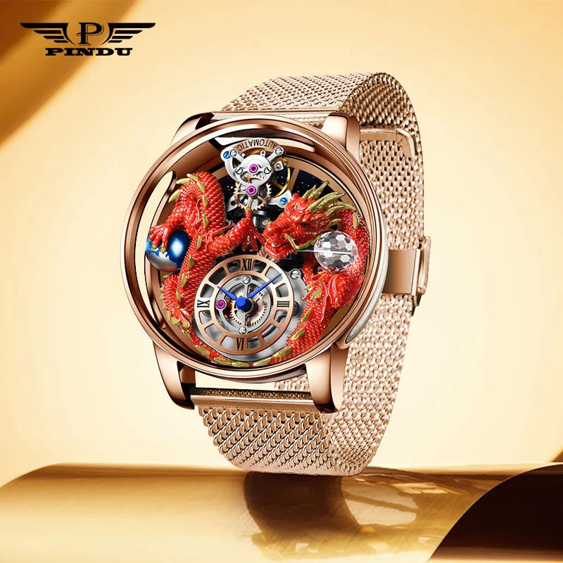 PINDU Design Celestial Body Series Traditionnelle Artisanat Three Dimensional Dragon Men Watch Curved Mirror Transparent Globe