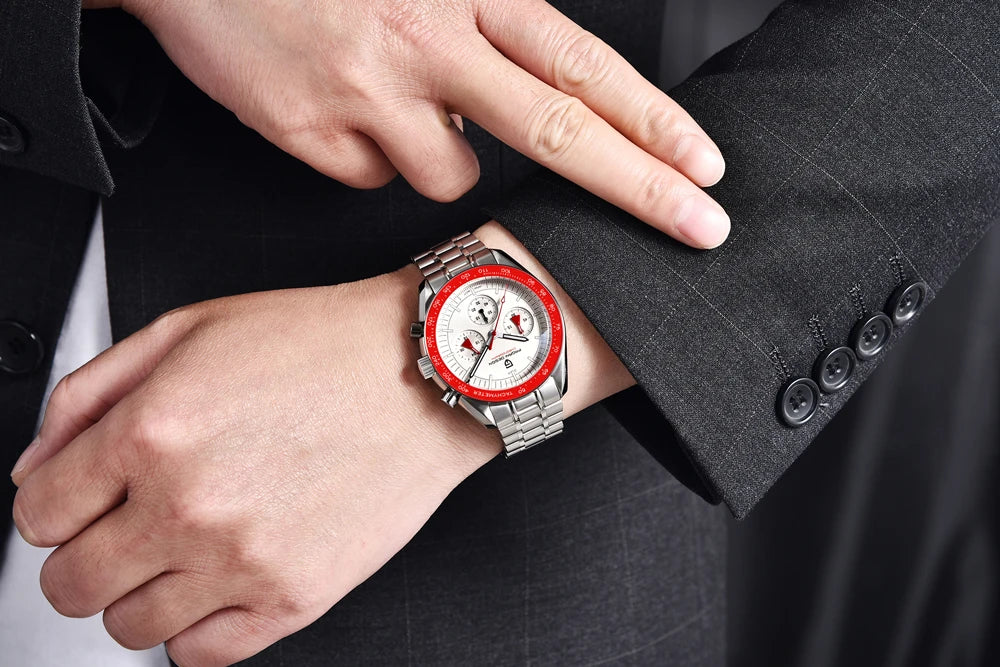 PAGANI DESIGN herenhorloge „New Moon“ – Luxe quartzhorloge, chronograaf, saffierglas met antireflectiebehandeling, keramische lunette, lichtgevende wijzers