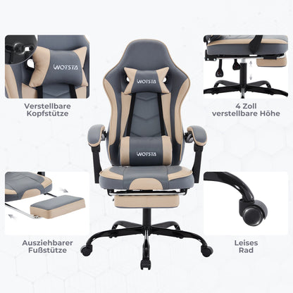 WOTSTA Gaming-Stuhl mit Fußstütze, ergonomischer Gamer-Stuhl mit Lendenkissen, Kopfstütze und höhenverstellbarem Computerstuhl