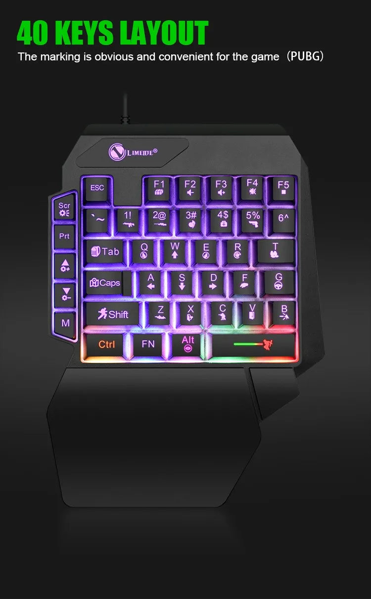 Mini teclado gaming de uma só mão com 35 teclas, USB, ultrafino, com fios e retroiluminado, para portátil, PC de secretária e smartphone