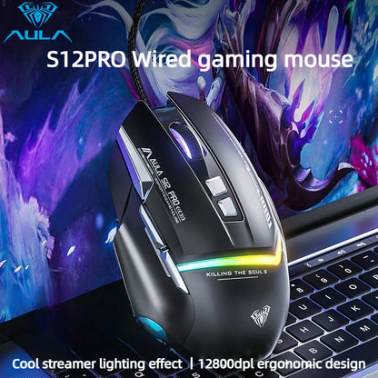 AULA S12Pro kablet mekanisk mus 1000HZ 12800DPI RGB lav latenstid makrodefinitioner esport gamingmus PC-gamer-tilbehør