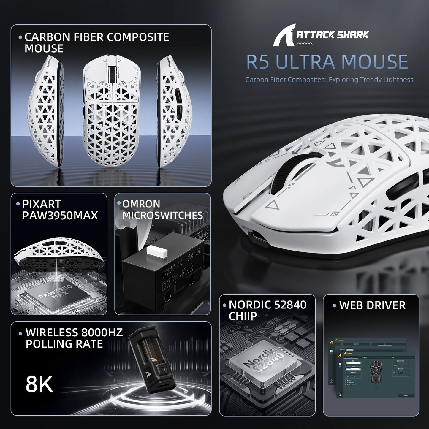 ATTACK SHARK R5 Ultra trådløs gamingmus i kulfiber, PixArt PAW3950MAX-gamingsensor, 42000DPI, 8000Hz, MCU Nordic 52840