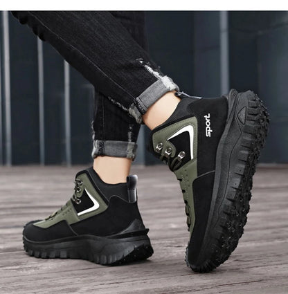 Black And Tan Mid Top Hiking Boots Suede And Leather Platform Sneakers Non Slip Outdoor Casual Shoes With Rugged Sole For All