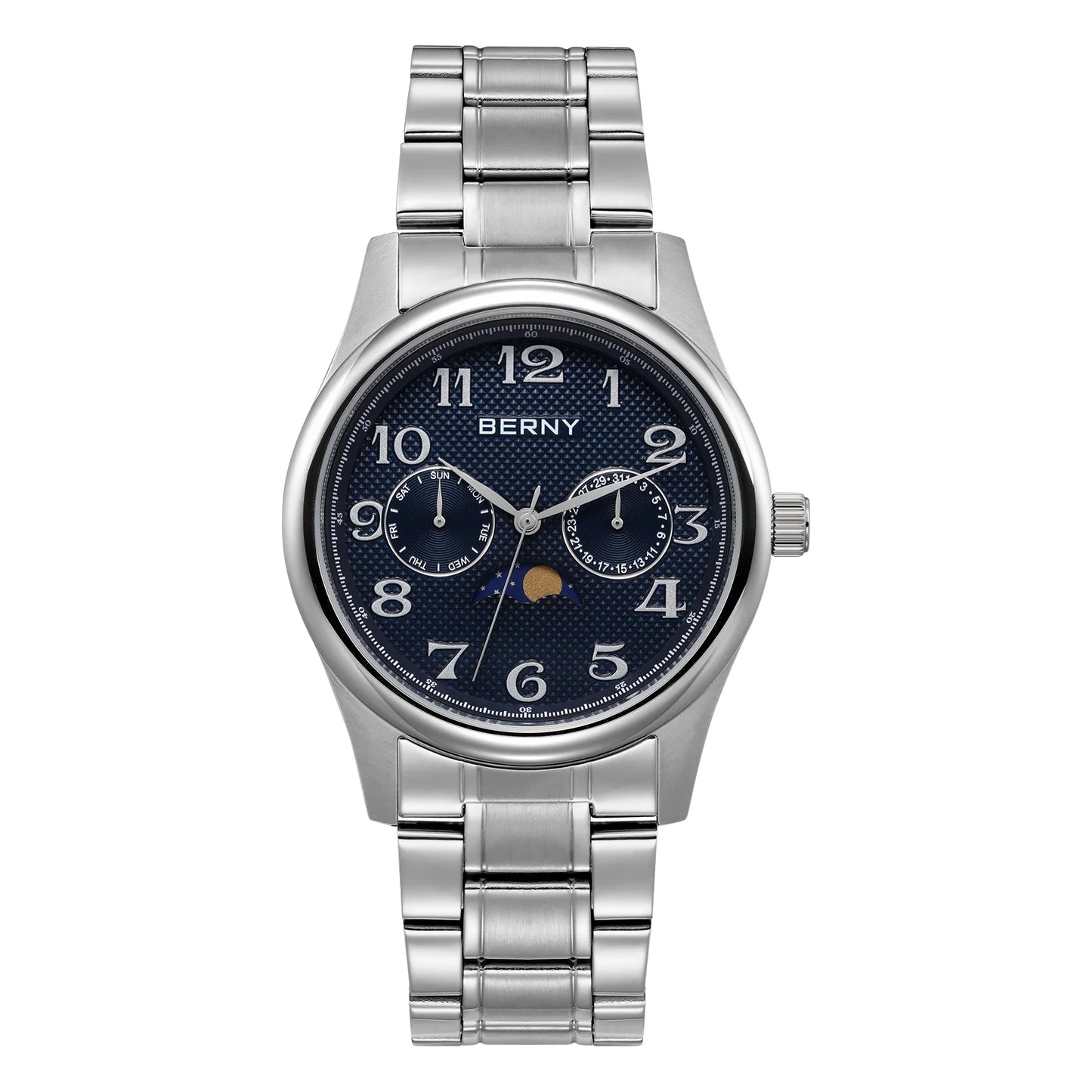 BERNY Watches for Men Moon Phase Quartz Men's Watch Day and Date Calendar Easy Read Vintage-Style Business Dress Wristwatch