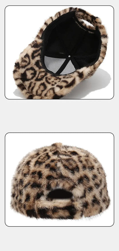 Leopard Print Baseball Cap Women Plush Faux Fur Keep Warm Winter Women's Cap Outdoor Vintage Snapback Hats For Women