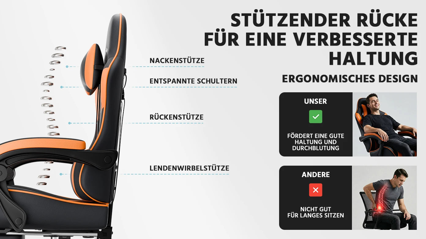Ergonomic PU leather gaming chair with lumbar support, adjustable height and backrest, 200KG load capacity, black orange