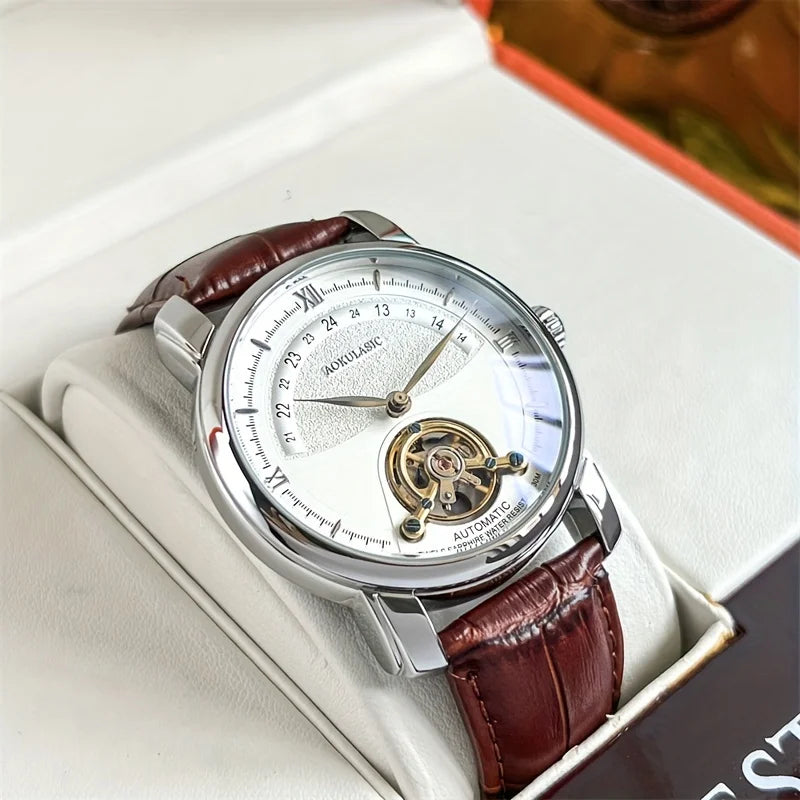 Montre mécanique automatique pour homme – Design ajouré élégant, style « business casual » tendance, boîtier en alliage et bracelet en cuir, sans pile