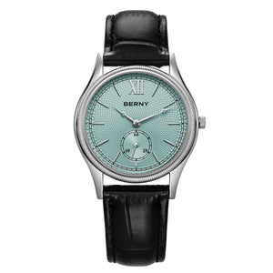 BERNY Watches for Men Luxury Slim Classic Stylish Dress Quartz Watch Stainless Steel Case Elegance Leather Band Wristwatch