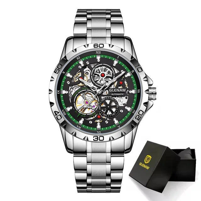 GLENAW Steampunk Skeleton Men's Watch Ring Luxury Automatic Mechanical Watches Luminous Waterproof Stainless Steel Strap Watch