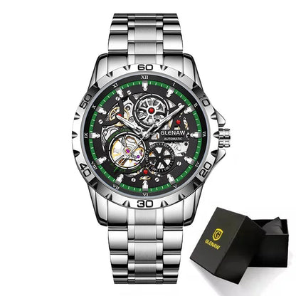 GLENAW Steampunk Skeleton Men's Watch Ring Luxury Automatic Mechanical Watches Luminous Waterproof Stainless Steel Strap Watch
