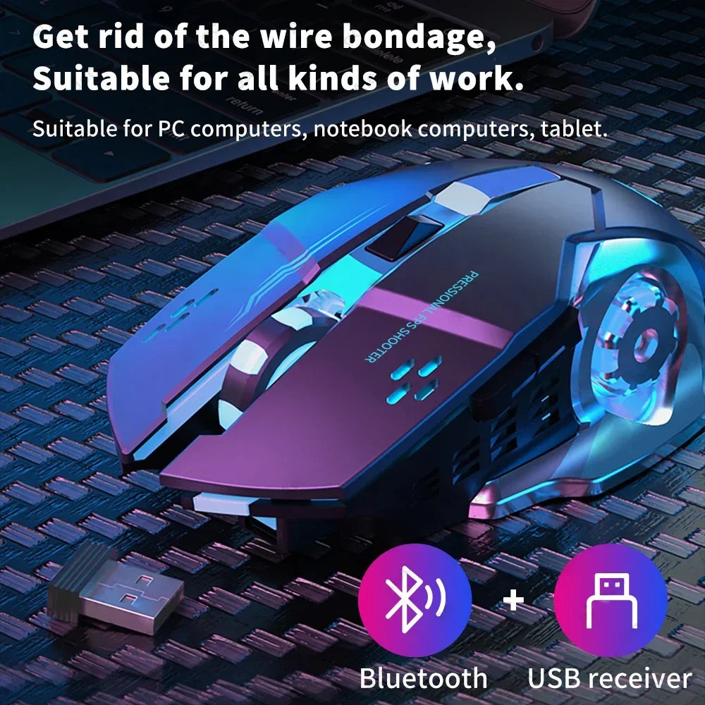 Įkraunama belaidė žaidimų pelė su tyliu foniniu apšvietimu, E-Sports Bluetooth ir 2.4G USB, skirta nešiojamajam kompiuteriui, Macbook, PC žaidimams ir biurui