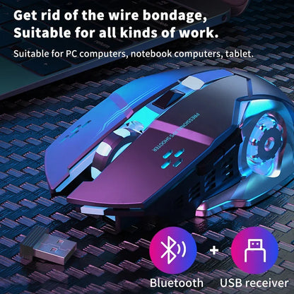 Įkraunama belaidė žaidimų pelė su tyliu foniniu apšvietimu, E-Sports Bluetooth ir 2.4G USB, skirta nešiojamajam kompiuteriui, Macbook, PC žaidimams ir biurui