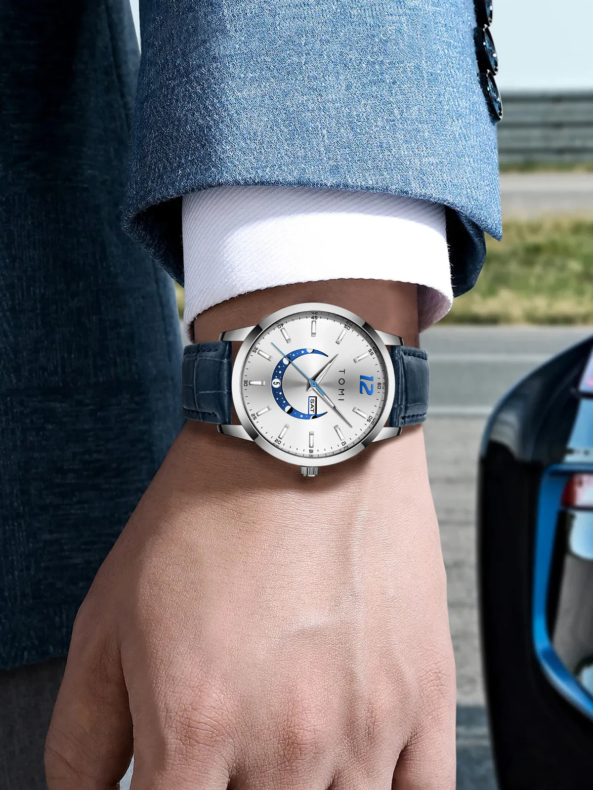 Montre à quartz TOMI, style business et élégant, avec bracelet en cuir, boîtier en alliage et cadran à aiguilles – Design haut de gamme, idée cadeau pour homme