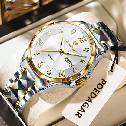 POEDAGAR herenhorloge, origineel luxemodel, waterdicht, verlicht, met datum- en dagweergave, elegante stijl, roestvrijstalen kast, quartz uurwerk, ideaal voor op het werk.