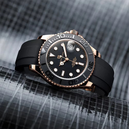 PAGANI DESIGN Automatic Watch Rose Gold Diver Watch 100M Waterproof Luxury Sport Wristwatch Black Rubber Strap Relogio Masculino
