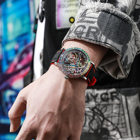 Men’s skeleton watch, fashion-inspired, set with rainbow-coloured gemstones and featuring a tourbillon; luxury automatic mechanical watch, water-resistant to 30 metres.