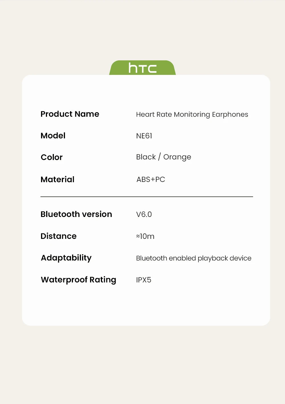 HTC NE61 Bluetooth Earphones – Premium Wireless Noise Reduction Sports Earbuds with AI Translator, Heart Rate Monitor & HD Bass