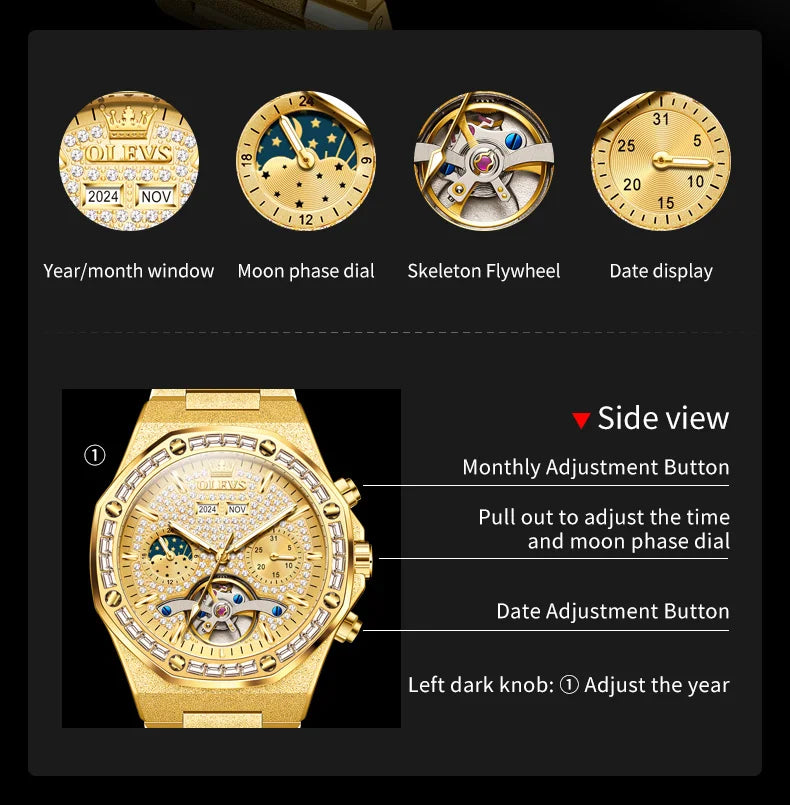 OLEVS Gold Steel Men's Watches Top Brand Automatic Mechanical Luxury Watch Sport Waterproof Tourbillon Wrist Watch Reloj Hombre
