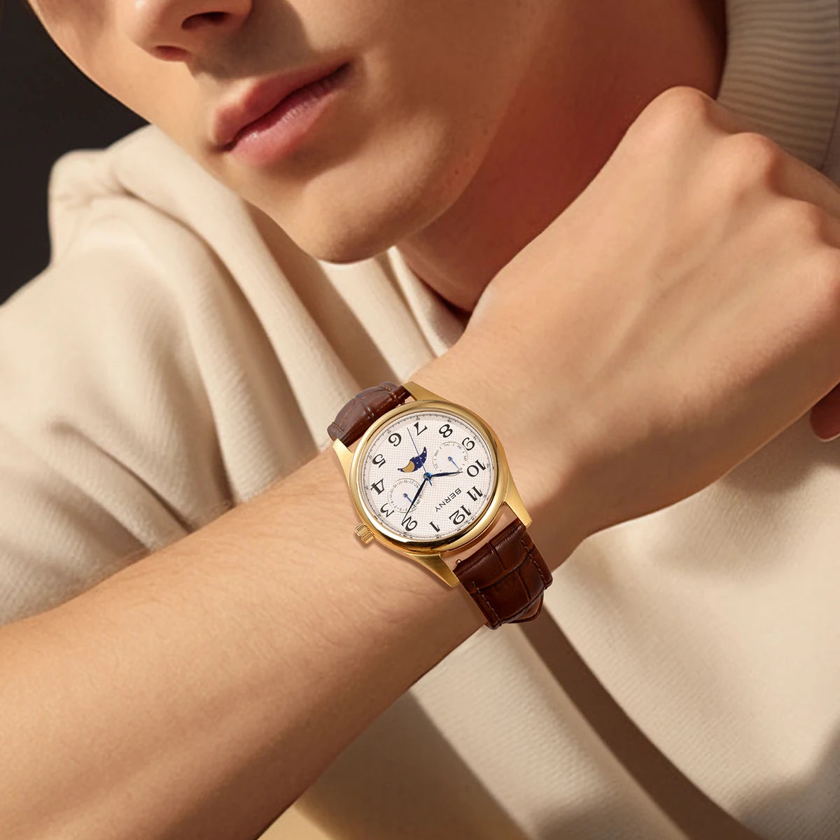 BERNY Watches for Men Moon Phase Quartz Men's Watch Day and Date Calendar Easy Read Vintage-Style Business Dress Wristwatch
