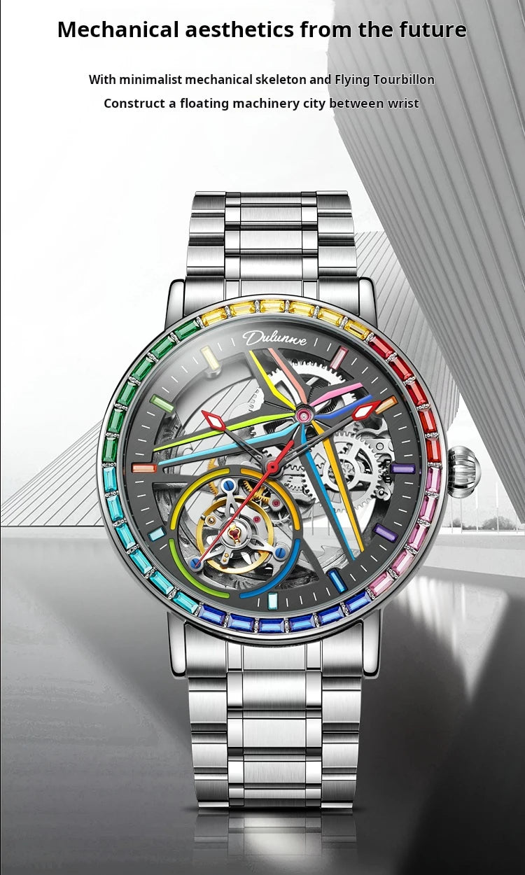 Rainbow Colored Gemstone Tourbillon Fashion Skeleton Watch Men Waterproof 30M Sports Watches Luxury Automatic Mechanical Clock