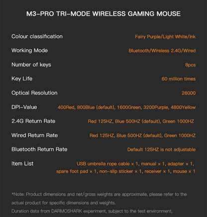 Darmoshark M3Pro Gaming Mouse 2.4G BT Wireless Tri-Mode PAW3395 Sensor N52840 26000DPI Big Hand Macro Driver Mouse For Gaming
