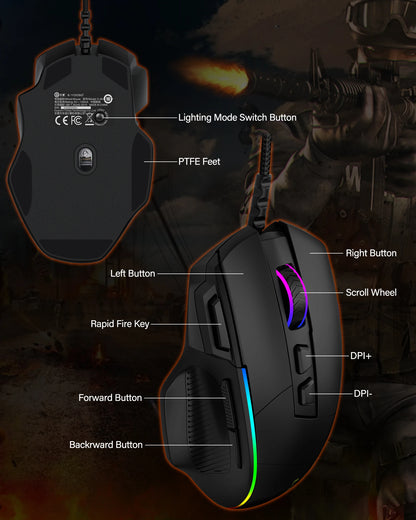 E-YOOSO X49 kabelgebundene Gaming-Maus, 12400 DPI einstellbar, RGB-beleuchtet, 8 programmierbare Tasten, ergonomische Gamer-Maus für PC und Laptop