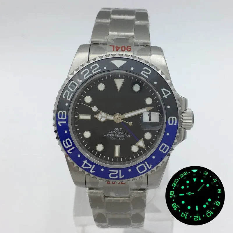 BLIGER 40mm NH34 GMT Watch For Men Mechanical Wristwatch Luminous Bezel Sapphire Glass Stainless Steel Bracelet Reloj Hombre