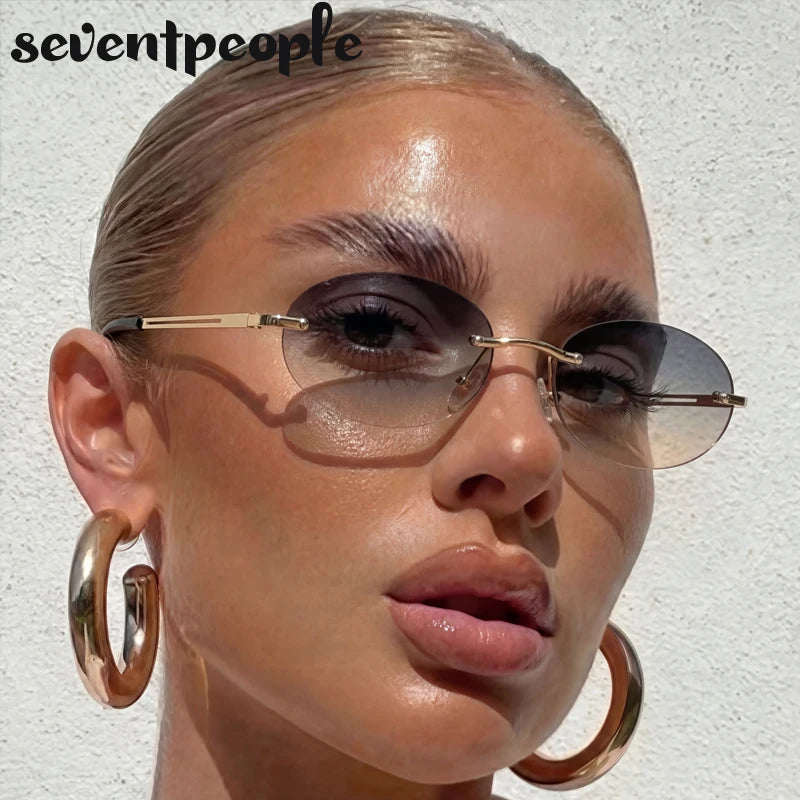 Rimless Oval Sunglasses Women 2026 Luxury Brand Vintage Small Frame Gold Metal Gradient Lens Y2K Punk Streetwear Fashion Eyewear