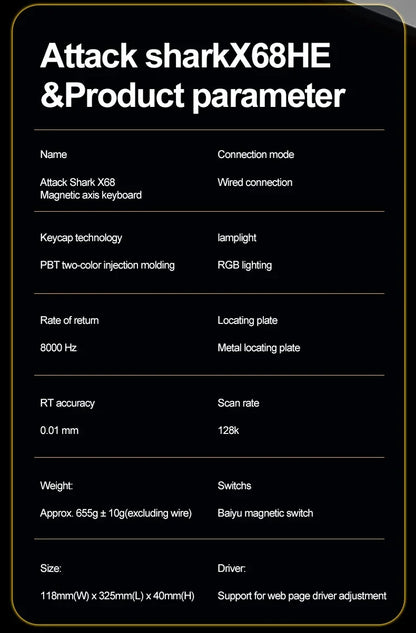 X68HE ATTACK SHARK Magnetic Gaming Keyboard Mechanical Wired for Pro Gaming 0.01mm Rapid Trigg 8000Hz SOCD/Rs 0.125ms 128K Rate