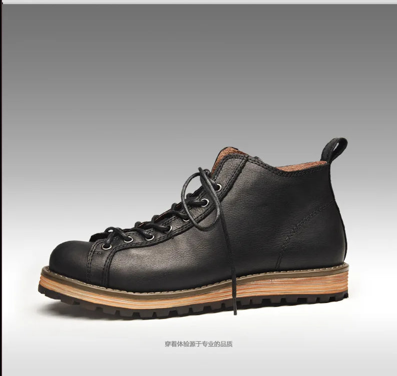 KOWM cowhide Hiking shoes men's walking boot British trekking shoes thick soled cowhide high top motorcycle boots ankle sneakers