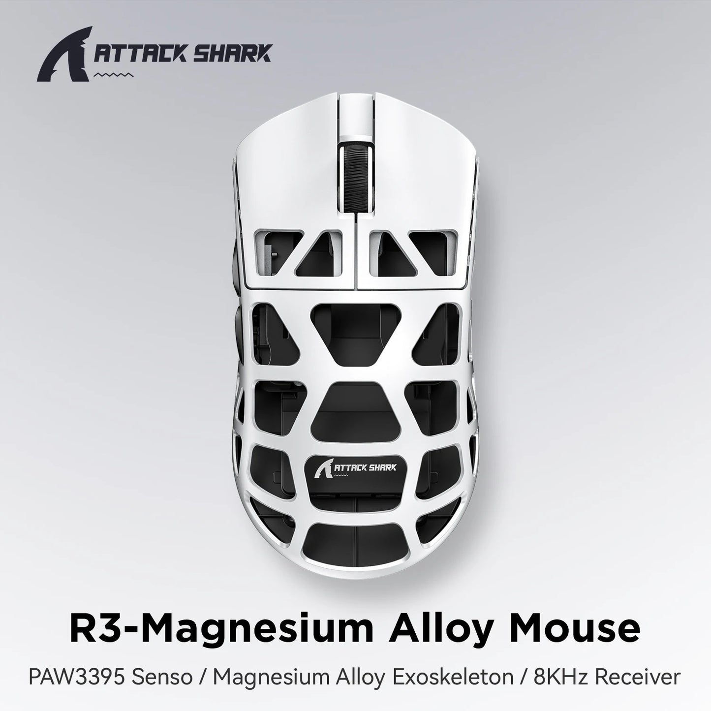 ATTACK SHARK R3 8KHz-mus i magnesiumlegering, PixArt PAW3395-sensor, op til 26000 DPI, 2.4G/BT/kablet, 46g superlet, til PC/Mac