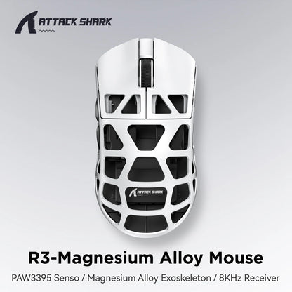 ATTACK SHARK R3 8KHz-mus i magnesiumlegering, PixArt PAW3395-sensor, op til 26000 DPI, 2.4G/BT/kablet, 46g superlet, til PC/Mac