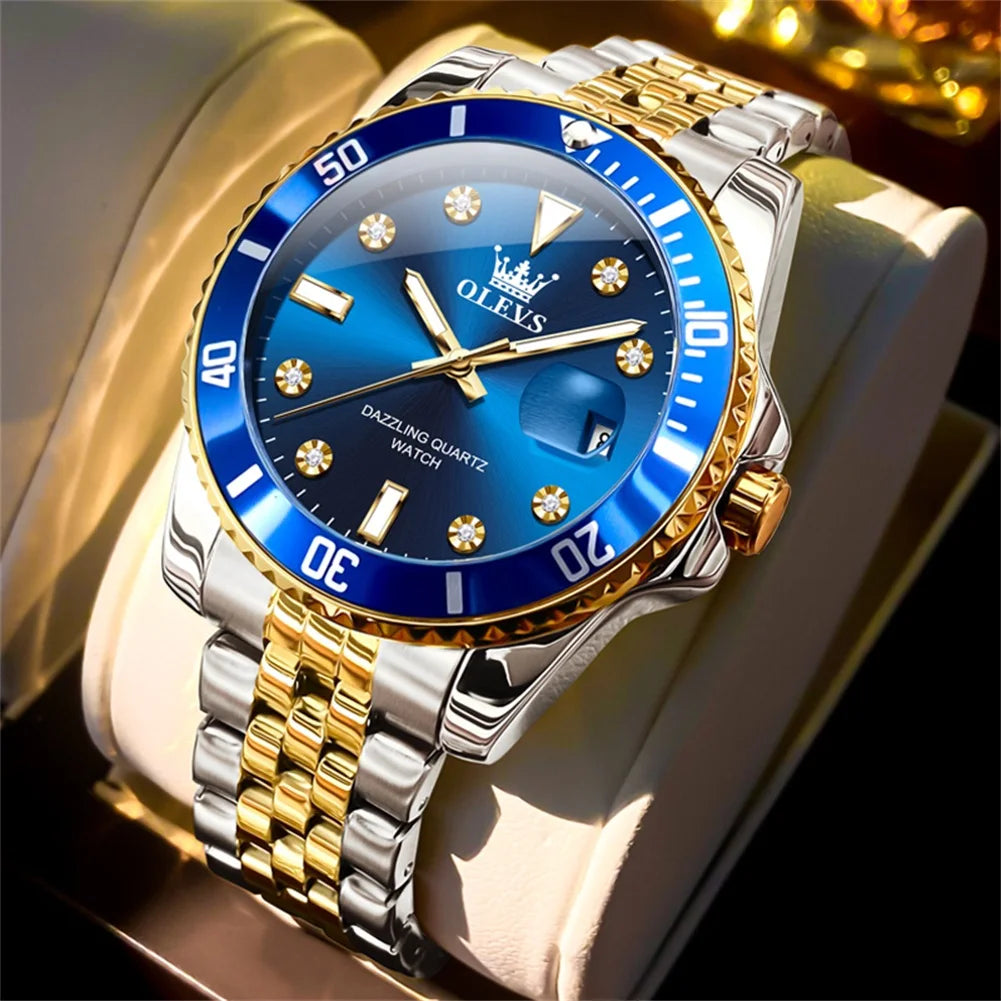 Montre pour homme OLEVS – Montre de luxe, style professionnel, étanche, avec affichage de la date, aiguilles luminescentes, boîtier en acier inoxydable et cadran bleu – Montre à quartz