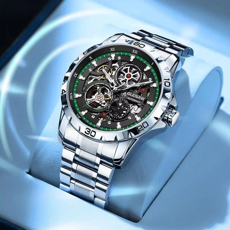GLENAW Steampunk Skeleton Men's Watch Ring Luxury Automatic Mechanical Watches Luminous Waterproof Stainless Steel Strap Watch