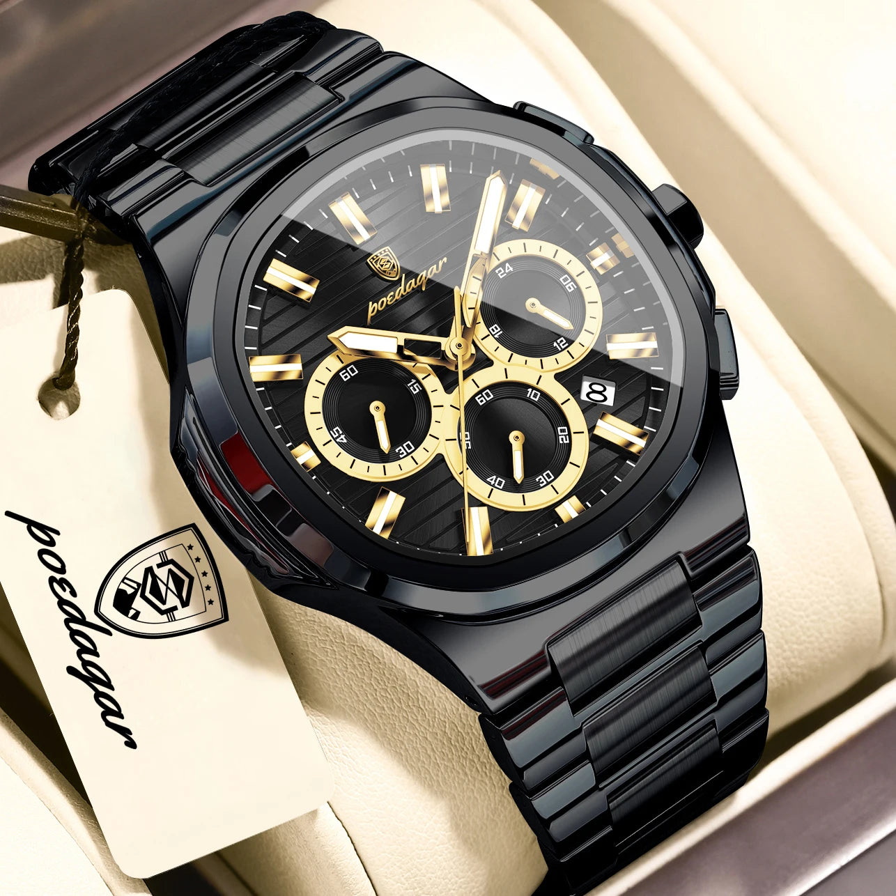 POEDAGAR Men’s Luxury Stainless Steel Quartz Watch  Waterproof Chronograph with Luminous Dial & Date