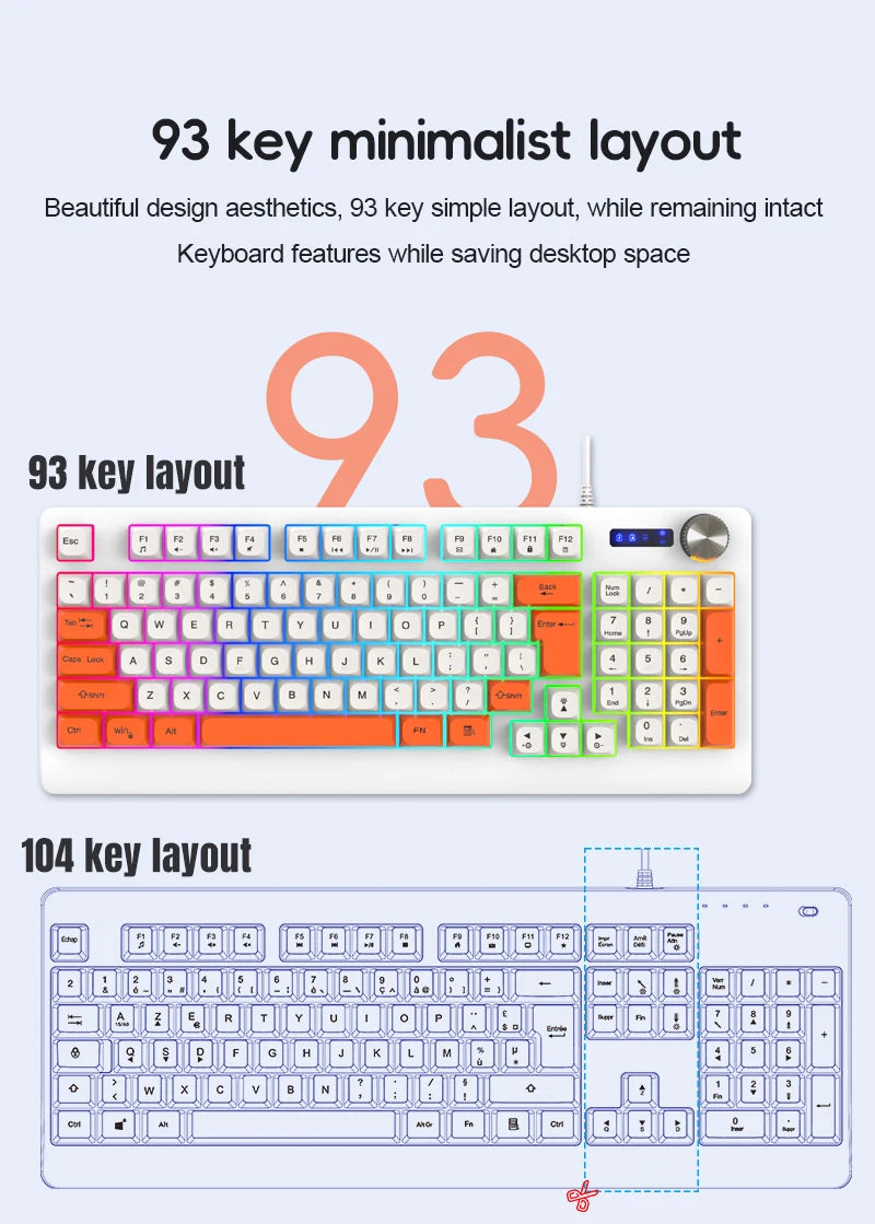 93-Key Minimalist Wired Gaming Keyboard Mixed Color Lighting With Multifunction Knob Mechanical Feeling Keyboard For PC Gamers