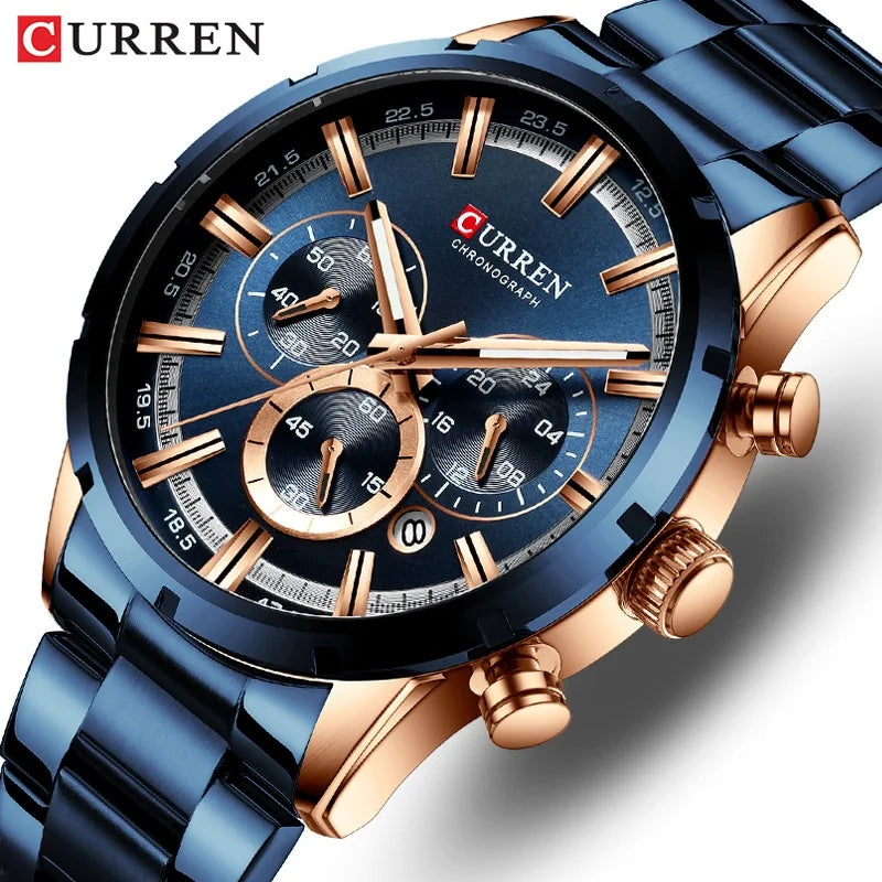 Pánské hodinky CURREN – luxusní sportovní chronograf, quartzový strojek, celonerezové, vodotěsné