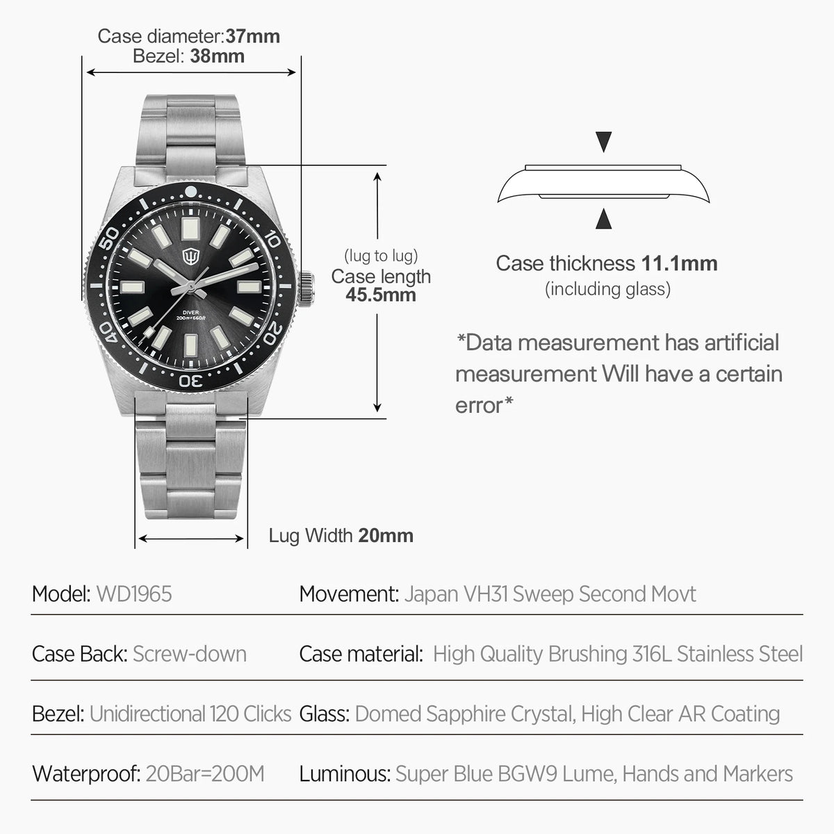 WATCHDIVES WD1965 V2 Men’s Luxury Dive Watch VH31 Quartz, Sapphire Crystal, Stainless Steel & 200M Water Resistant