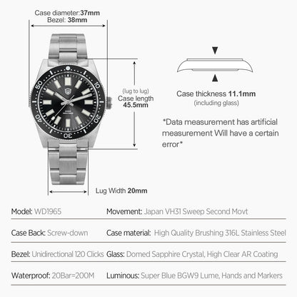 WATCHDIVES WD1965 V2 Men’s Luxury Dive Watch VH31 Quartz, Sapphire Crystal, Stainless Steel & 200M Water Resistant